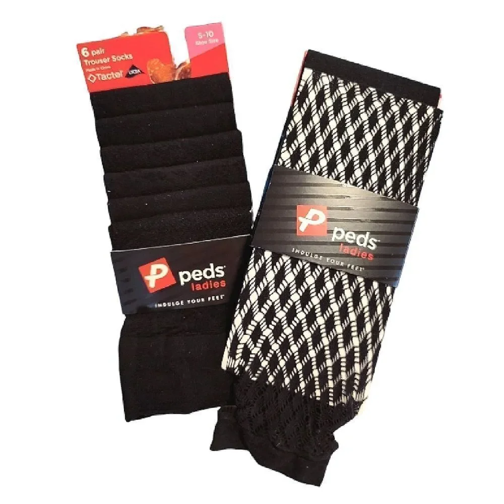 PEDS 8 Pairs Black Fishnet and Solid Black Trouser‎ Socks Women's Size 5- 10 NWT